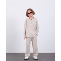 Erkek Çocuk Keten Çizgili İkili Takım Şık Ve Rahat Günlük Kombin Gömlek + Pantolon 9262kr Krem