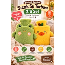 2'li Pelüş Sıcak Su Torbası Seti Kurbağa Sarı Civciv 26x17 Cm Yumuşak Kılıflı Sıcak Su Torbası İkili Renkli