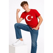 Erkek Çocuk Tişört Bisiklet Yaka Ay Yıldız Bayrak Baskılı T-shirt - Kırmızı Kirmizi