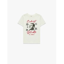 Koton Pullu Payetli Bisiklet Yaka Kısa Kollu Pamuklu Atatürk Baskılı Tişört Ekru 6skg10522ak