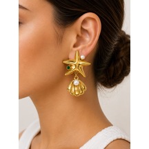 Cm Jewelry İnci Detaylı Deniz Yıldızı Ve Deniz Kabuğu Gold Çelik Küpe Altın
