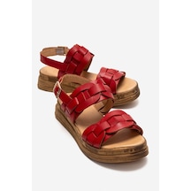 Luvishoes Elvoro Kırmızı Hakiki Deri Örgü Bantlı Kadın Sandalet