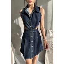 Nido Moda Kadın Yaka Detaylı Cut-out Mini Denim Elbise Lacivert
