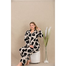 L'ombre Büyük Beden Siyah Beyaz Kalp Desenli Düğmeli Uzun Kol Viskon Pijama Takımı Çok Renkli