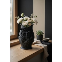 Kurt Desenli Gül Kabartmalı Dekoratif Vazo Mat Dokulu Ev Ofis Salon Masa Raf Süsü Çiçeklik 15x10 Cm Siyah