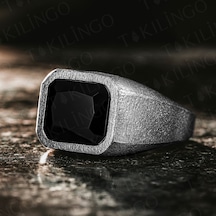 925 Ayar Gümüş Oksitli Siyah Zirkon Taşlı Sade Erkek Yüzük Gümüş