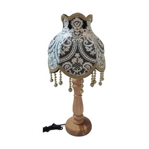 Fransız Dantel Koyu Füme Kadife Kumaş Klasik Abajur Doğal Ahşap A Füme