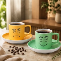 Bk Gift 2'li Sarı Ve Yeşil Renkli Emoji Yüz Tasarımlı Seramik Türk Kahvesi Fincanı Takımı-3 Çok Renkli