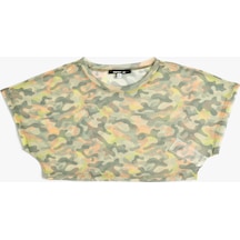 Koton Transparan Crop Tişört Spor Kısa Kollu Bisiklet Yaka Kamuflaj Desenli Yeşil Desenli 4sak10067nk 4SAK10067NK7D6 Yeşil