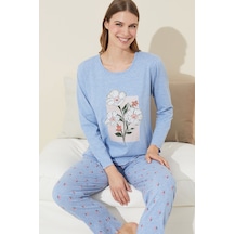 Siyah İnci Pamuklu Örme Pijama Takım 24240124 mavi