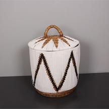 Söke Beyaz Makrome Ve Doğal Abaka - Kapaklı Sepet 52x50 Cm Beyaz