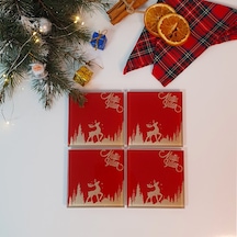 Decorita Cam Bardak Altlığı Mutlu Yıllar Kırmızı Silüet 4'lü Takım Kırmızı