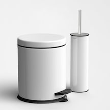Beyaz 5 Litre 2'li Banyo Seti Pedallı Çöp Kovası Wc Klozet Tuvalet Fırça Seti Banyo Çöp Kovası Siyah