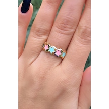 Niki Aksesuar Mineli Pembe-mint Yeşili Yıldızlı Ayarlanabilir Altın Yüzük Pembe - Mint Yeşili