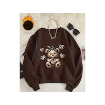 Herkesemoda Sevimli Ayıcık Baskı Detaylı Bisiklet Yaka Sweatshirt Kahverengi