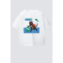 Monila Unisex Çocuk Pamuklu Kedi Baskılı T-shirt Ekru