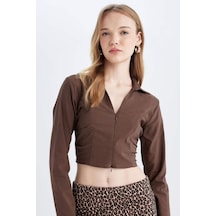 DeFacto Fitted Vucuda Oturan Gömlek Yaka Fermuarlı Bengalin Uzun Kollu Crop Basic Düz Bluz C5037AX24AUBN322