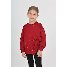 Toontoy Kız Çocuk Oversize Bisiklet Yaka Düşük Omuz Taş Baskılı Yırtmaçlı Sweatshirt - Fiyonklu & 2 İplik Bordo