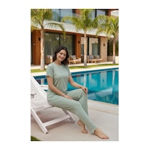 Rindahomewear Kadın Fitili Kısa Kol Pijama Takımı Yeşil