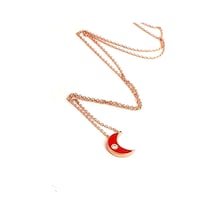 Kırmızı Mine Işçiliği Ay Figürlü Gümüş Rose Minimal Kolye