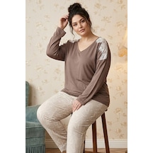 Siyah İnci Vizon Büyük Beden Battal Boy Viskon Örme Pijama Takım 26224852
