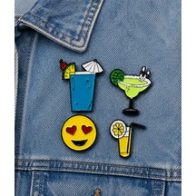 Yaz Temalı Kokteyl & Emoji 4'lü Metal Rozet Seti Renkli Emaye Rozet Gri