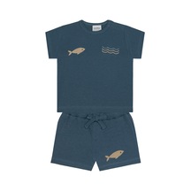 Antebies Bambu, Sustainable, Mavi,balık Nakışlı Kısa Kollu Erkek Bebek Tshirt Şort Takımı