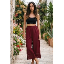 Soulshae Kadın Krep Beli Lastikli Çiçek Desenli Lazer Kesim Pantolon Bordo