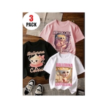 Stil-x Cappuccıno Ballerına Baskılı, 3' Lü Takım Kız Çocuk Tshirt, Çok Renkli, %100 Pamuk Çok Renkli