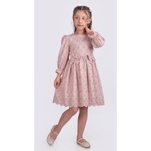 Kız Çocuk Uzun Kollu Kolları Lastikli Gupürlü Kurdele Detaylı Elbise Elb.2774 Pembe