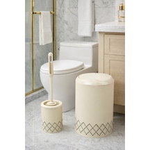 Geometrik Zikzak Desenli 2'li Banyo Seti Krem