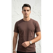 Plus Scorpion T02 Kol Katlama Erkek Slim Fit Basic Tişört Bisiklet Yaka, Düz Kumaş, Yazlık Model Kahverengi