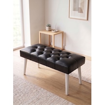 Modern Kapitoneli Siyah Deri Kumaş Bench Puf Oturma Bankı Ahşap Beyaz Ayaklı Demonte 90x45