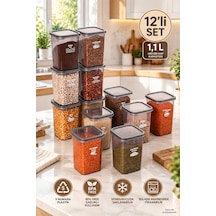 Porsima 4512 Kiler Box 12'li Kare Erzak Saklama Kabı Seti 1,1 Litre Şeffaf Füme Bakliyat, Baharat Ve Mutfak Düzenleyici