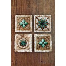 Doğaltaş Bardak Altlığı 4'lü Set - Hint Desenler Baskılı Stone Coasters Çok Renkli