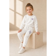 Rony Pony Kids Kız Çocuk Krem Kelebek Ve Lavanta Nakışlı Pamuklu 2 İplik Sweatshirt Eşofman Takımı Beyaz Mor