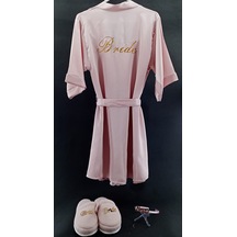 Bride Pembe Tüysüz Model Baskılı Sabahlık / Gecelik Taç Terlik S