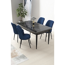 Canisa Concept Nil Serisi 70x110 Sabit Mutfak Masası Takımı Siyah Mermer Desen Masa 4 Lacivert Sandalye Lajivert Sandalyeler Siyah Masa