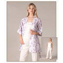Keten Desenli Sabahlıklı İp Askılı Pijama 3lü Set Zarif Ve Lüks Flz 31-131 LILA