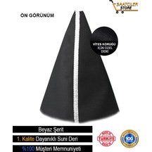 Miyrem^ Autoline Fiat Vites Kolu Kılıfı Siyah Deri Beyaz Şerit Spor Dikiş
