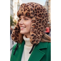 Uniquetrenders Kadın Leopar Desenli Peluş Kalpak Pilot Şapka Leopar