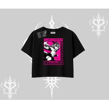 Tarzsokak Oversize Crop Tshirt Heroic Anime Girl Japon Stil Grafik Baskılı Siyah