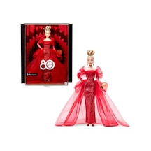 Işıltılı Kırmızı Tül Elbisesi, Damla Küpeleri Ve Tül Eldivenleri İle Sarı Saçlı Bebek, Koleksiyona Uygun Mattel 80. Yıl Dönümü Bebeği, Jbj17