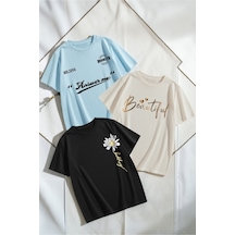 Uyguntarz Unisex Bebek Mavisi Siyah Bej 3'lü Tasarım Tshirt Seti Çok Renkli