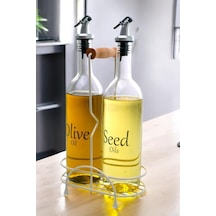 Digithome Luxe 2'li Krem Metal Standlı Ahşap Saplı Yağdanlık Seti Şeffaf Etiketli Cam Yağlık 750 Ml Cys-12 Krem