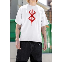 Berserk Logo Baskılı Unisex Tişört, Oversize Anime Dizi Baskılı T Beyaz