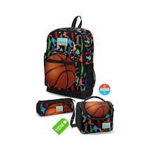 Siyah Basketbol Desenli Okul Sırt Çantası,thermo Beslenme,üç Bölmeli Kalemlik 3'lü Set Go23471set02