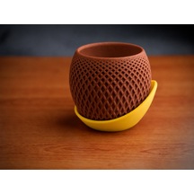 3d Baskı Küre Saksı - Kafes Dokulu İki Parçalı Dekoratif Saksı - Kahverengi-sarı