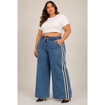 Zanessi Fashıon Büyük Beden Denim Spor Şerit Detaylı Bol Paça Kadın Pantolon Mavi