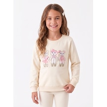 Onloox Kız Çocuk Krem Kız Çocuk Krem Pamuklu Bisiklet Yaka Regular Hayvan Baskılı Pullu Sweatshirt 1.5-5 Yaş